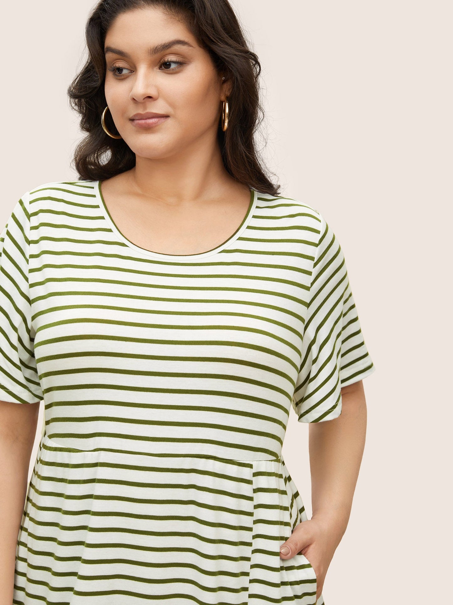 Stripes Round Neck Split Side Pocket Dress