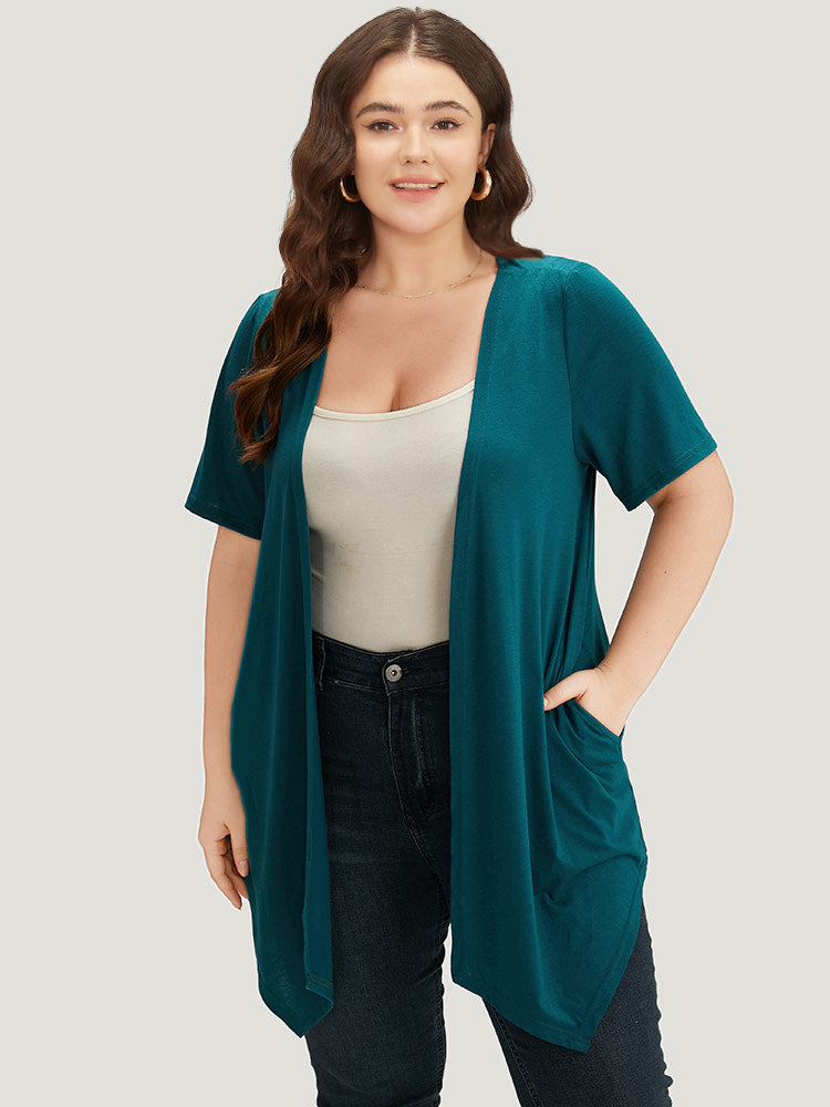 Plain Open Front Pocket Asymmetrical Hem Kimono