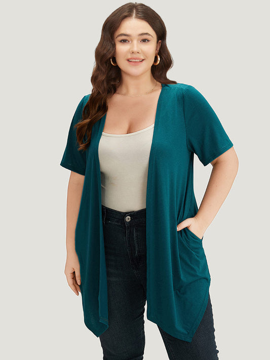 Plain Open Front Pocket Asymmetrical Hem Kimono