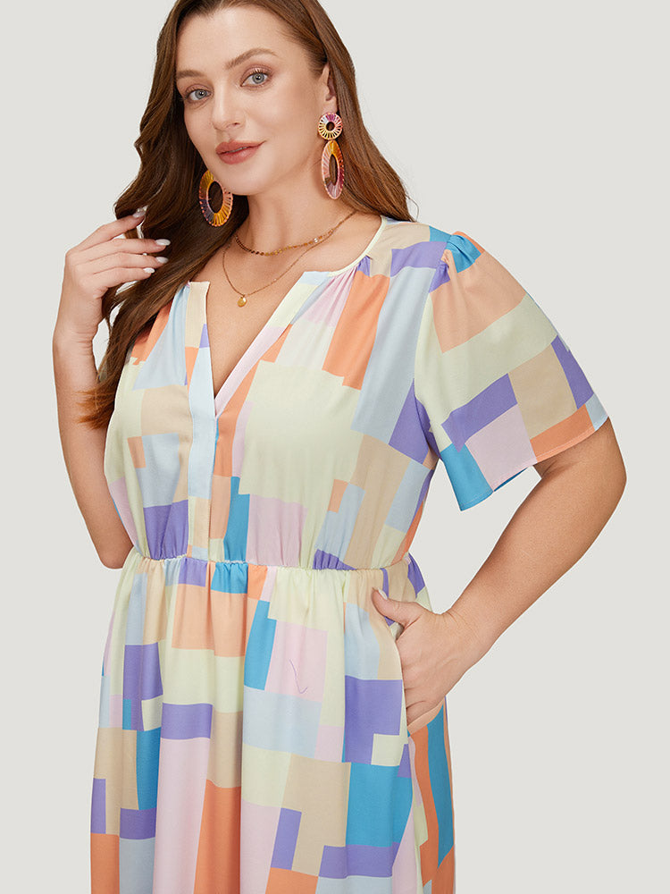 Geometric Notched Pocket Shirred Flutter Hem Dress