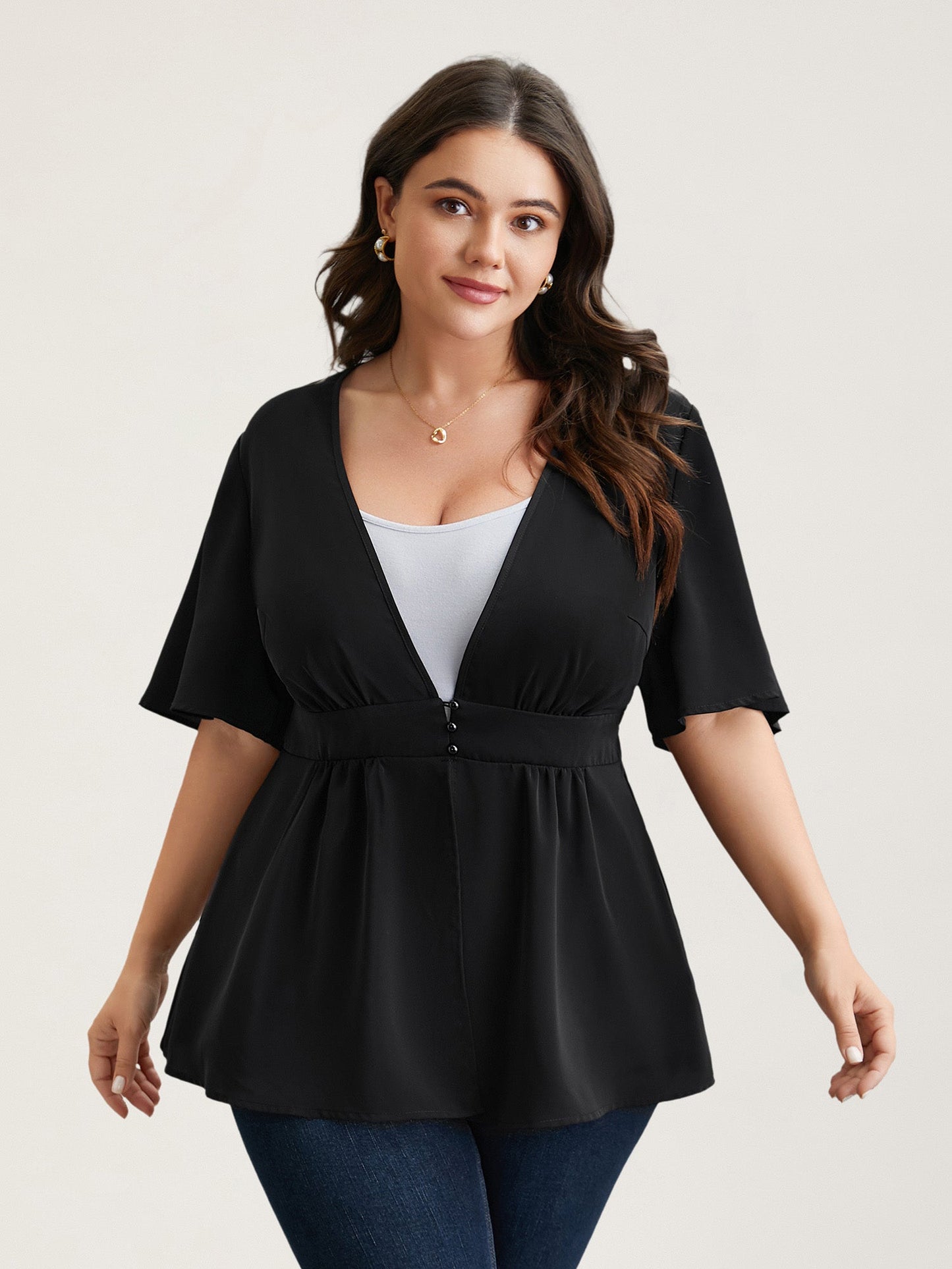 V-Neck Stretchy-Waist Button Flared Blouse