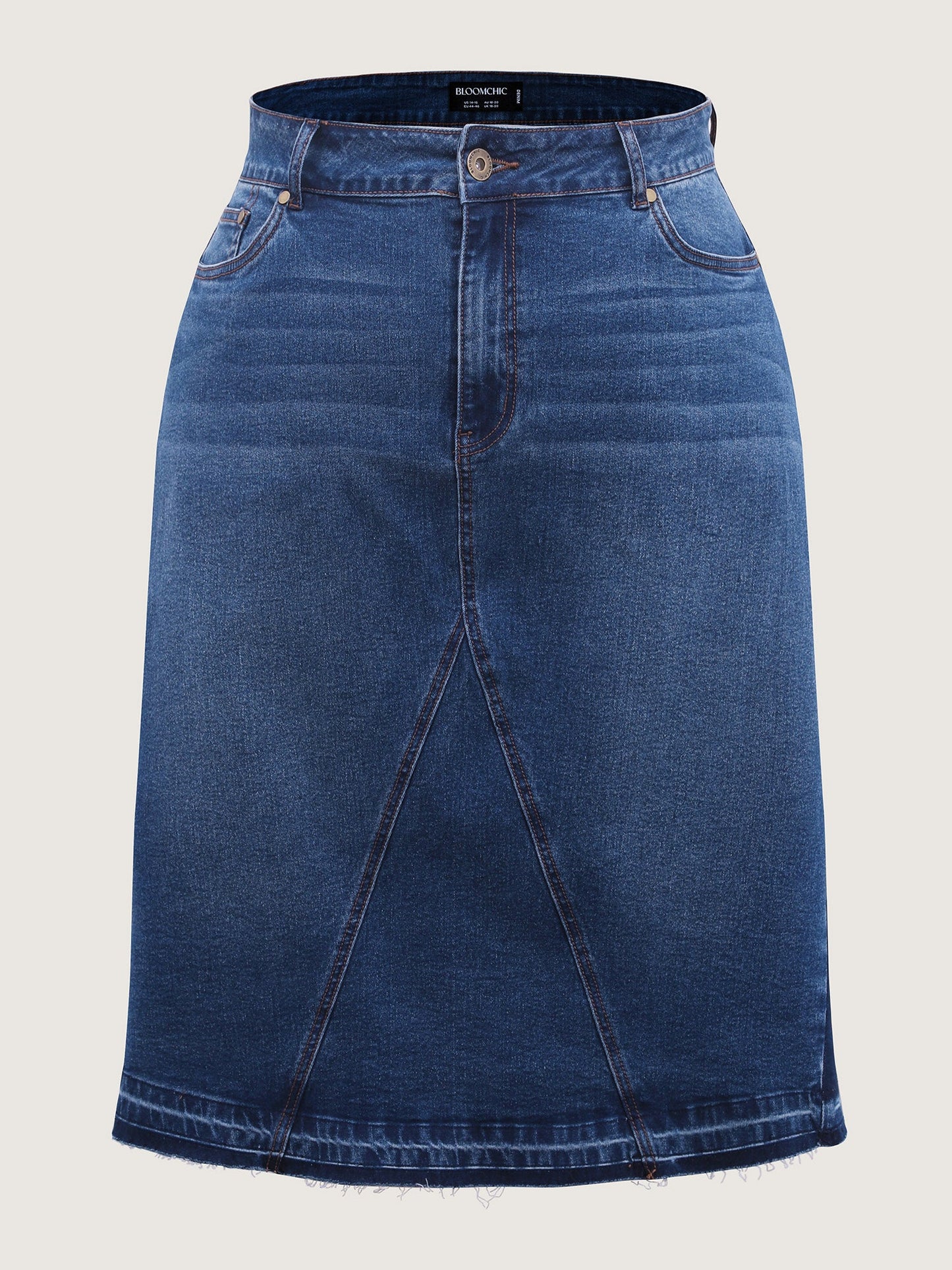 Frayed No Slit Seamed Shadow Wash Denim Skirt