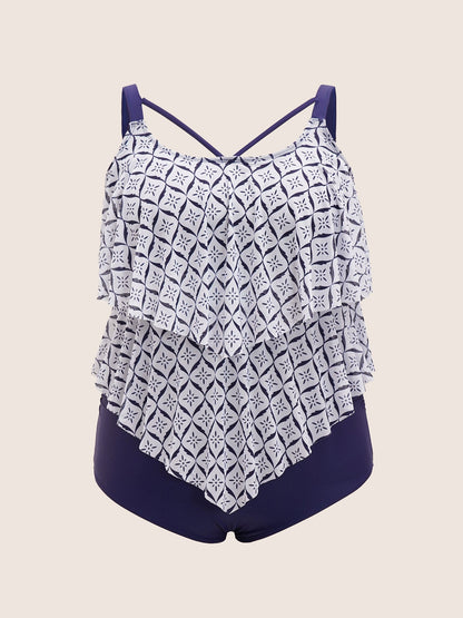 Geometric Tiered Ruffles One Piece Swimsuit