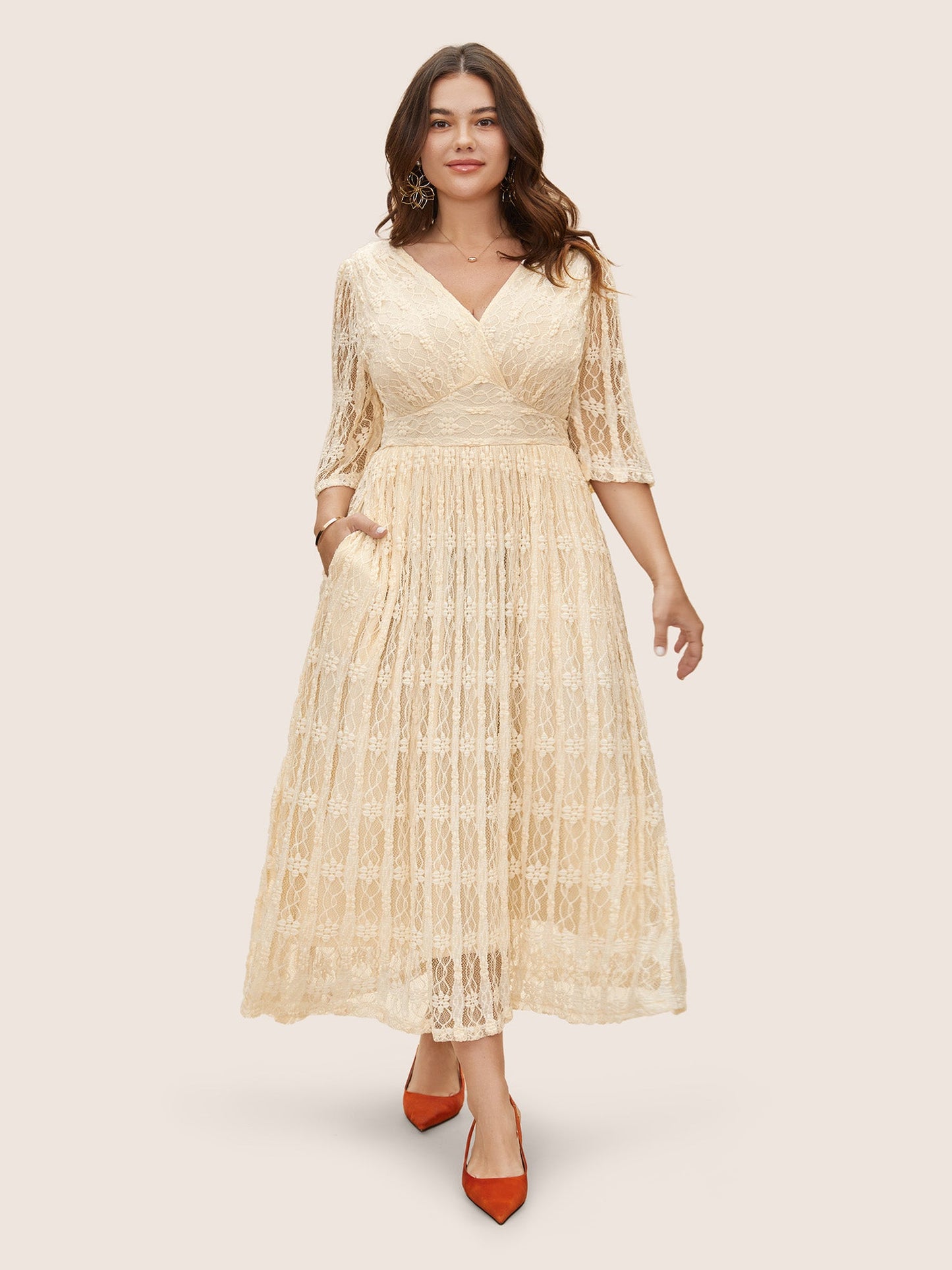 Solid Overlap Collar Lace Panel Dress