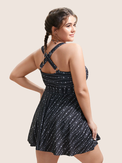 Ditsy Floral & Geo Graphic Crossover Swim Dress