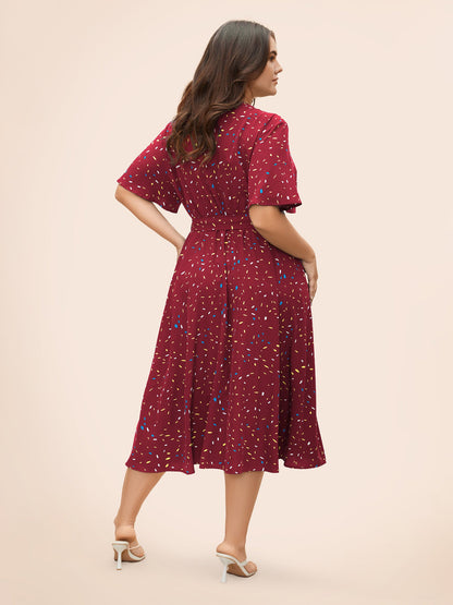 Split Neck Confetti Print Midi Dress