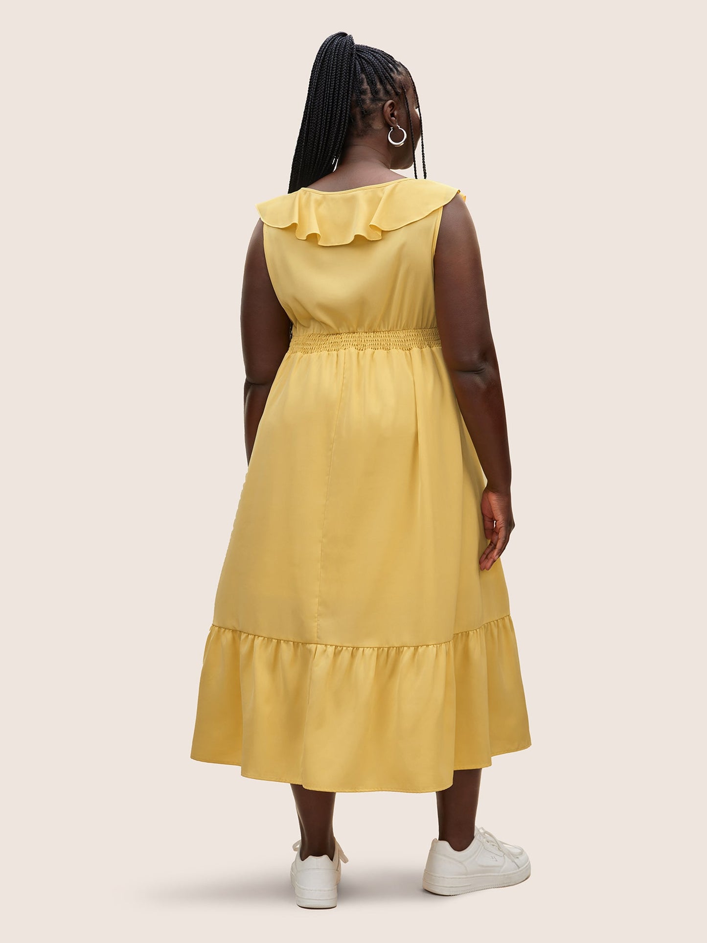 Plain Shirred Ruffle Trim Sleeveless Dress