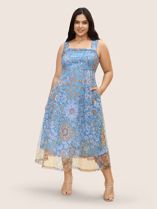 Square Neck Floral Mesh Tank Dress