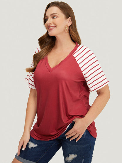 Striped Contrast Raglan Sleeve V Neck T-shirt