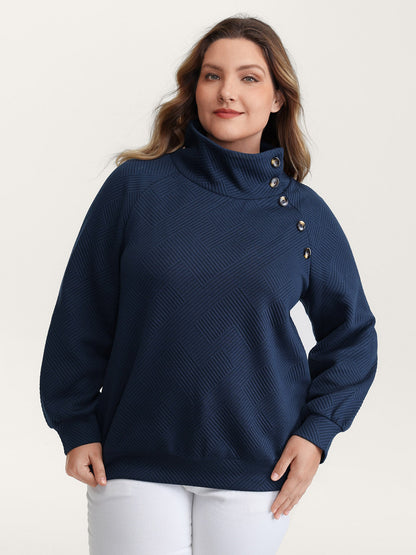 Textured Folded Collar Button Sweatshirt