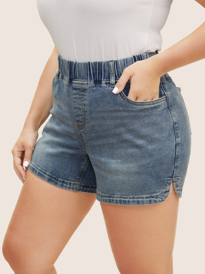 Light Wash Slit Hem Elastic Waist Denim Shorts