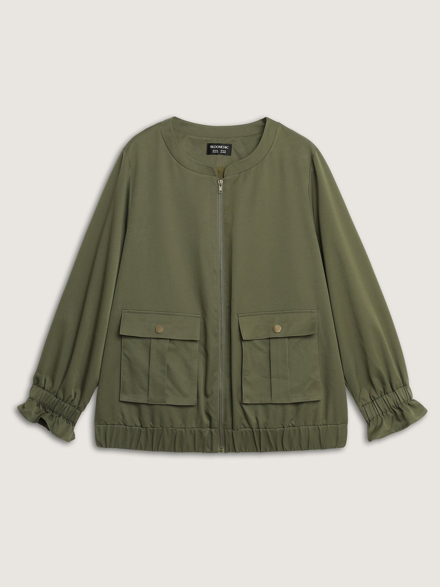 Lined Pockets Shirred Cuffs Zipper Jacket