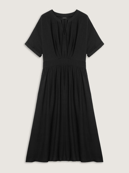 Pleated Cinched Waist Solid Midi Dress