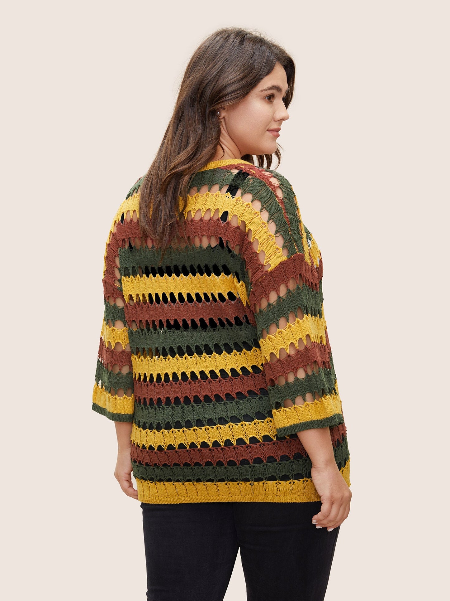 Deep V Neck Cut Out Stripes Contrast Pullover