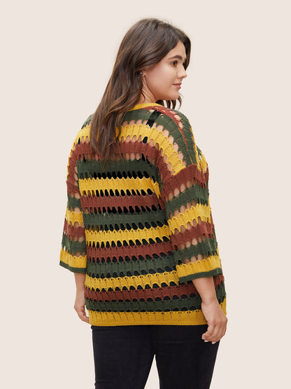 Deep V Neck Cut Out Stripes Contrast Pullover