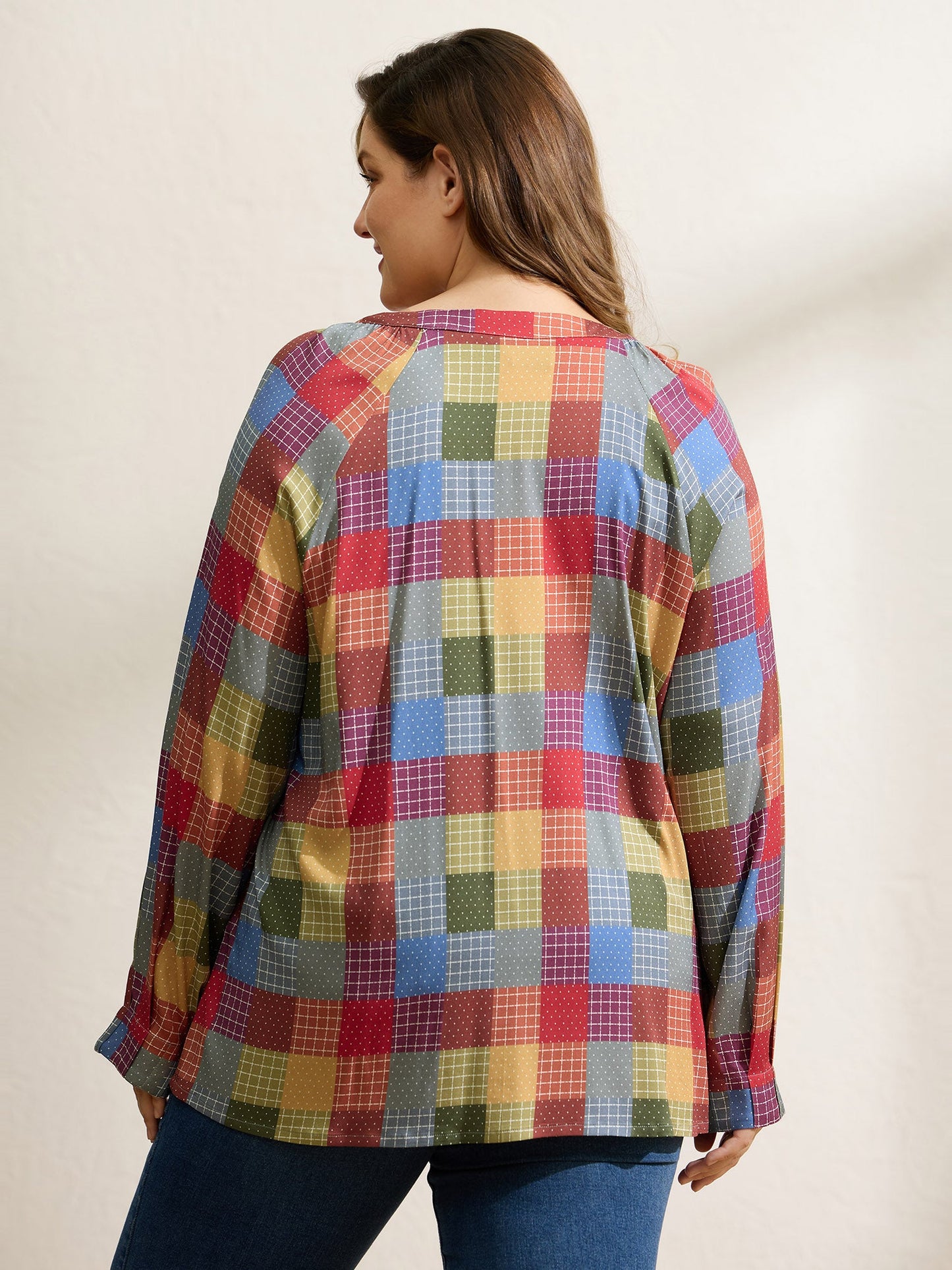 Colorful Check Print Button Relaxed-Fit Blouse