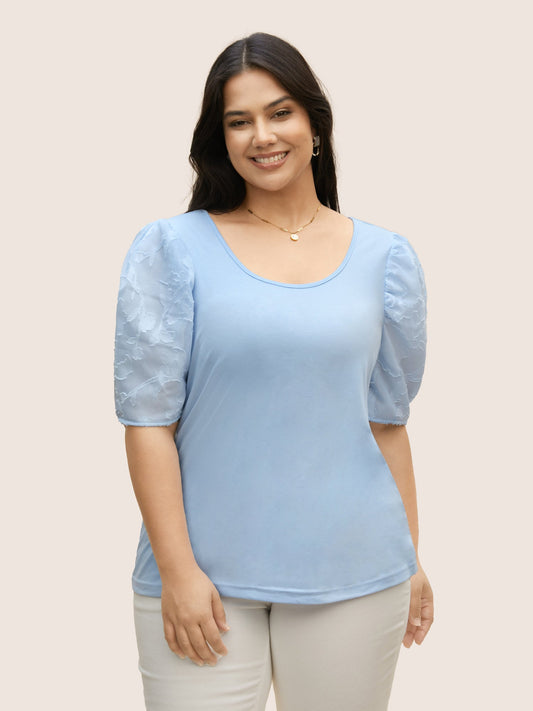 U Neck Chiffon Patchwork Bishop Sleeve T-shirt