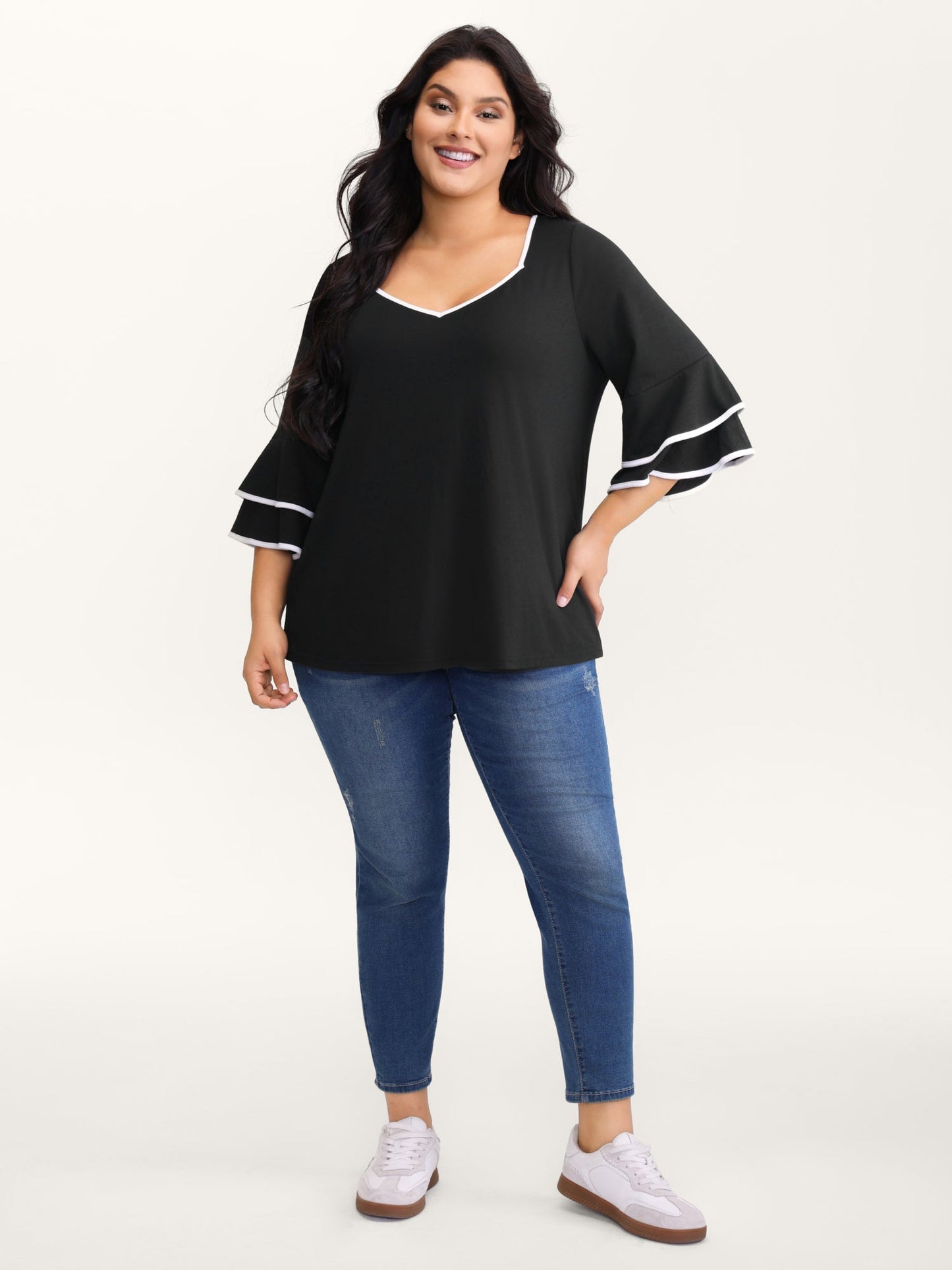 Stretchy Color Contrast Layered Sleeve T-Shirt