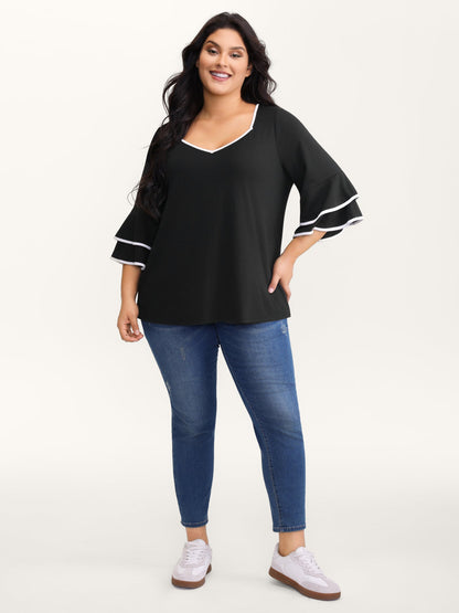 Stretchy Color Contrast Layered Sleeve T-Shirt