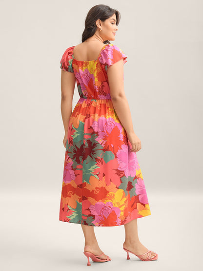 Colorful Large Flower Print Pockets Midi Dress