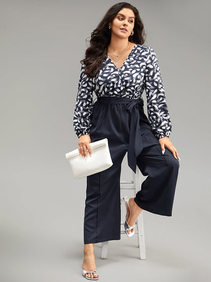 Brush Print Patchwork Wrap Belted Jumpsuit