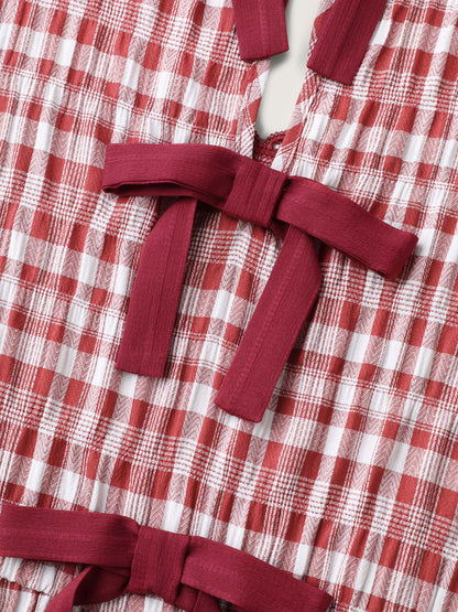 Gingham Print Stretchy Waist Back-Tie Midi Dress