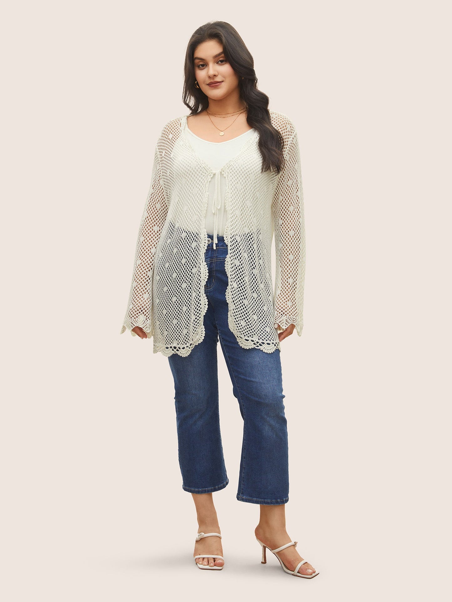 Pointelle Knit Ties Lace Panel Bell Sleeve Cardigan