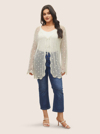 Pointelle Knit Ties Lace Panel Bell Sleeve Cardigan