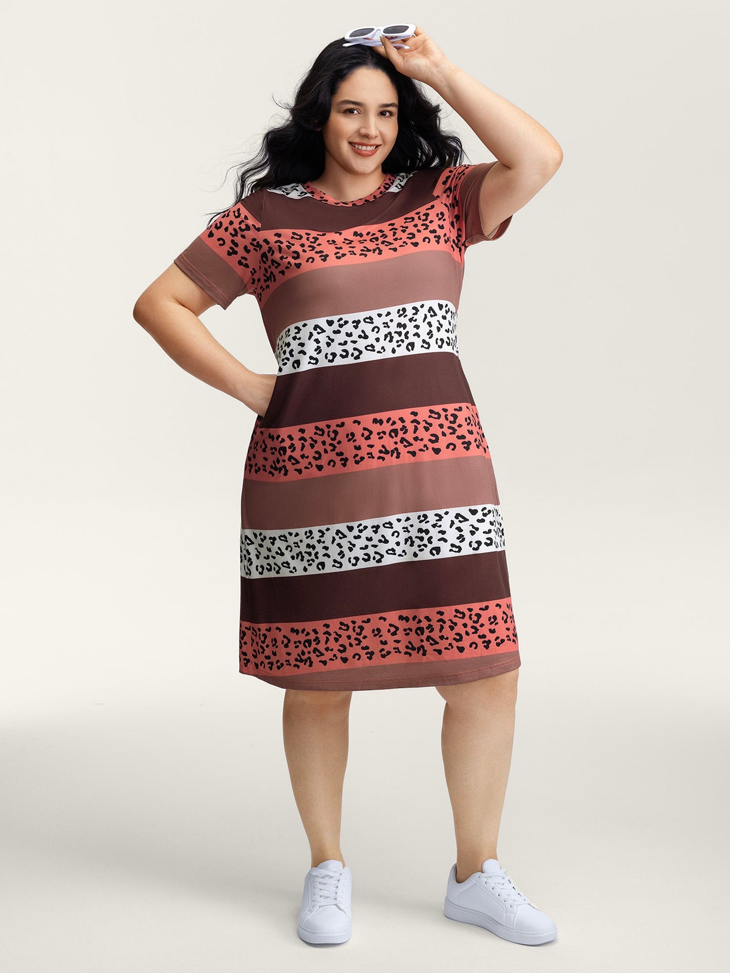 Color Contrast Leopard Print Relaxed Midi Dress