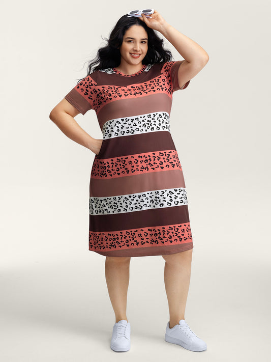 Color Contrast Leopard Print Relaxed Midi Dress