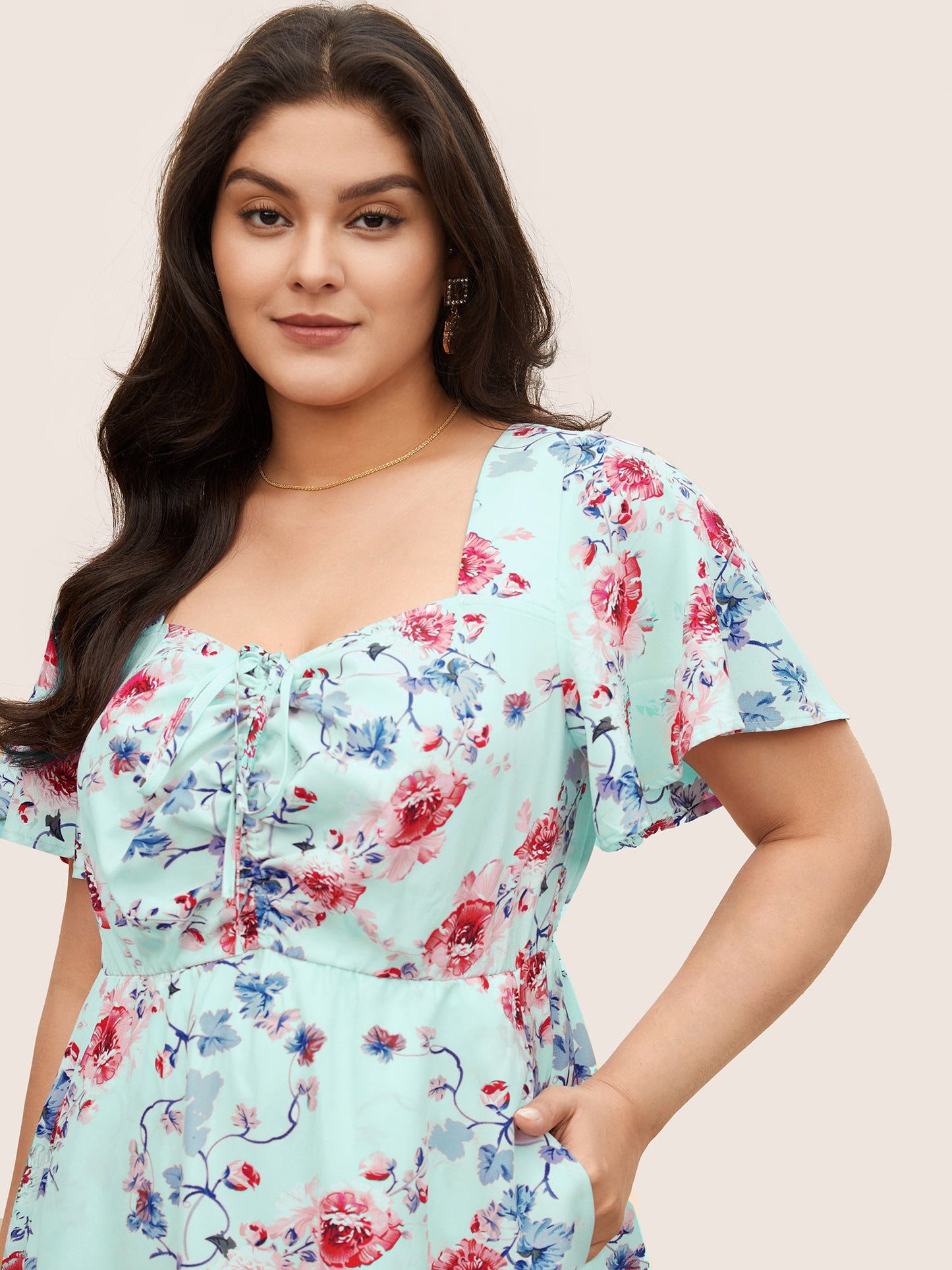 Square Neck Floral Print Gathered Drawstring Dress