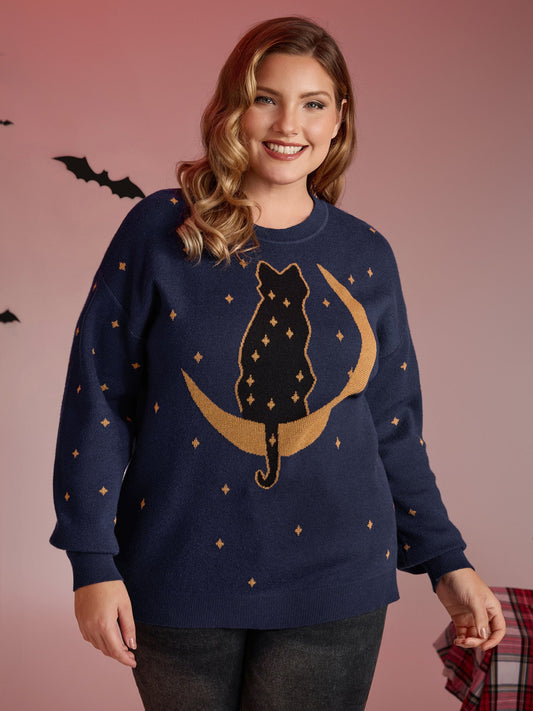 Supersoft Cat Night Print Crewneck Pullover