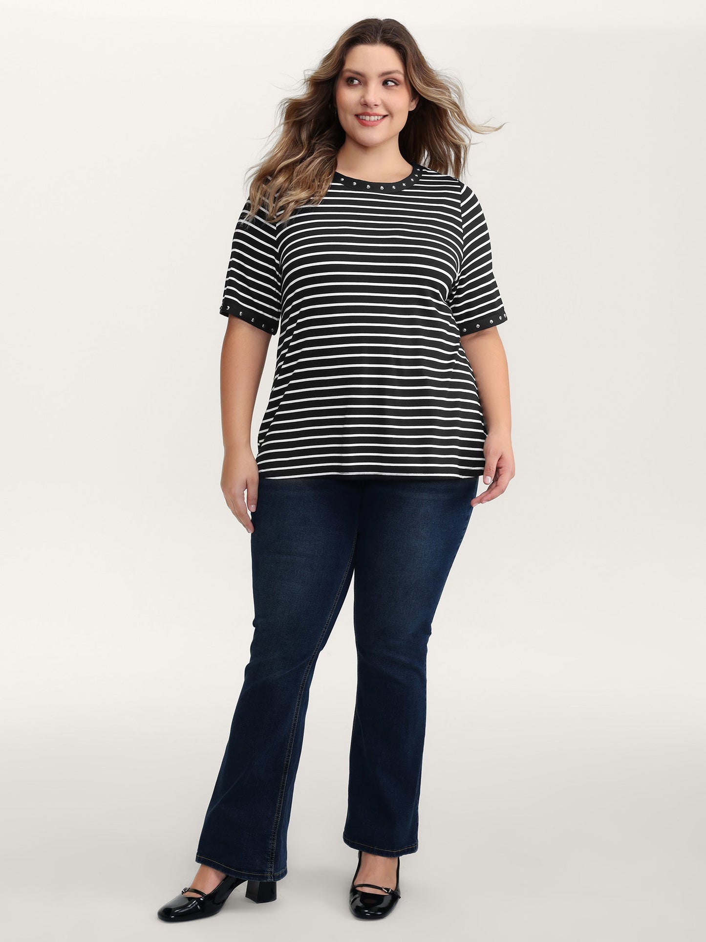 Stripe Rivets Contrast Edge T-Shirt