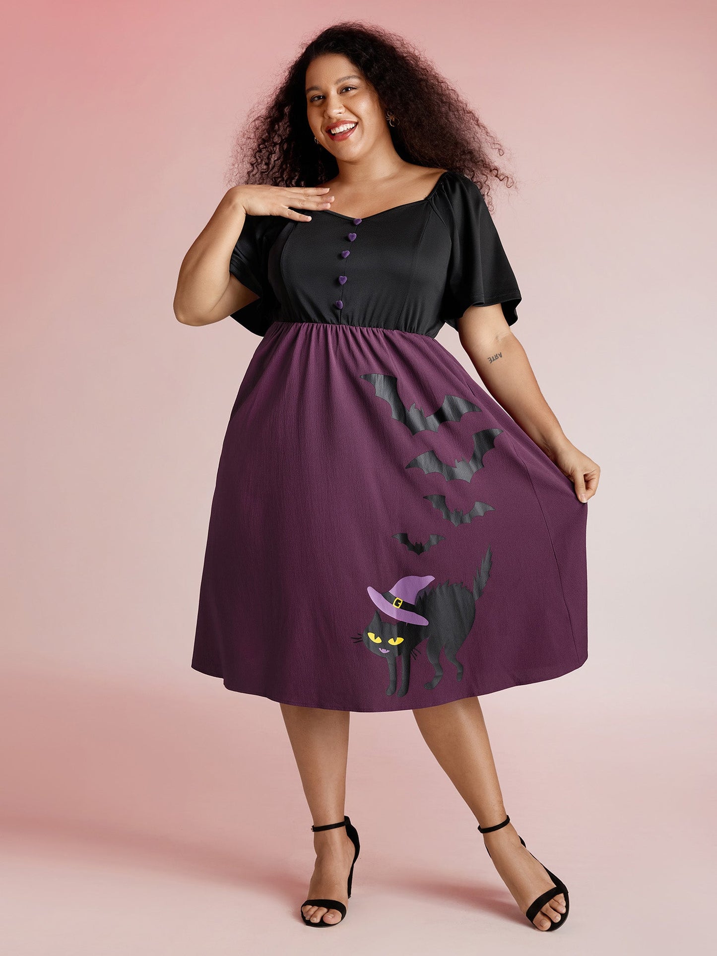 Wicked Halloween Print Contrast Button Midi Dress