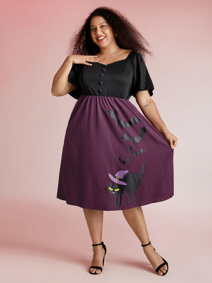 Wicked Halloween Print Contrast Button Midi Dress