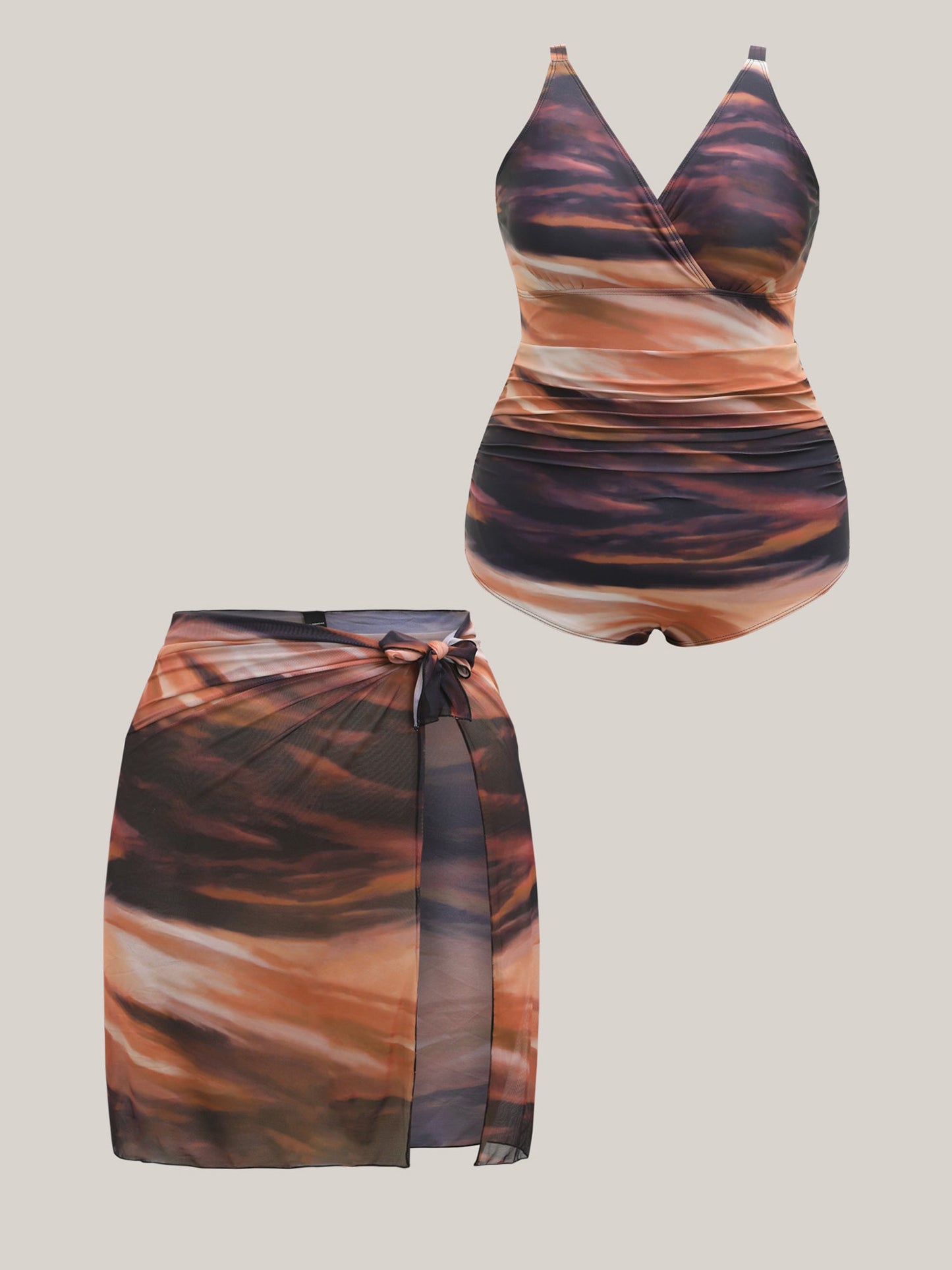 Two-Piece Ombre Gradient Surplice Swimsuit, Sarong