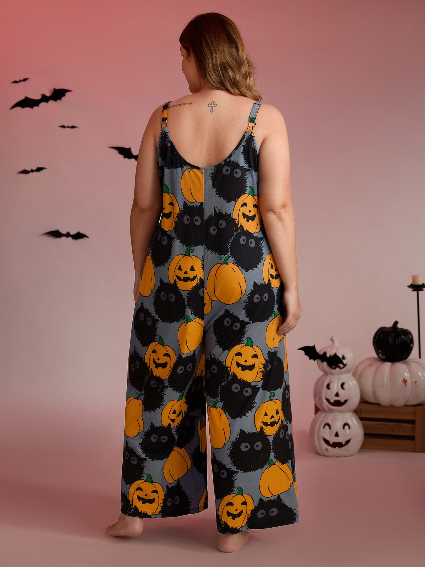 Pumpkin Everywhere Print Wide-Leg Jumpsuit