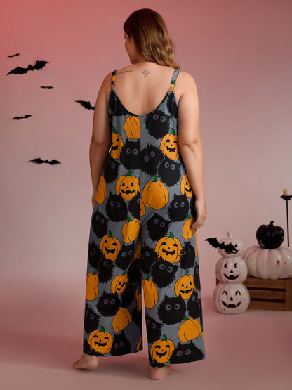 Pumpkin Everywhere Print Wide-Leg Jumpsuit