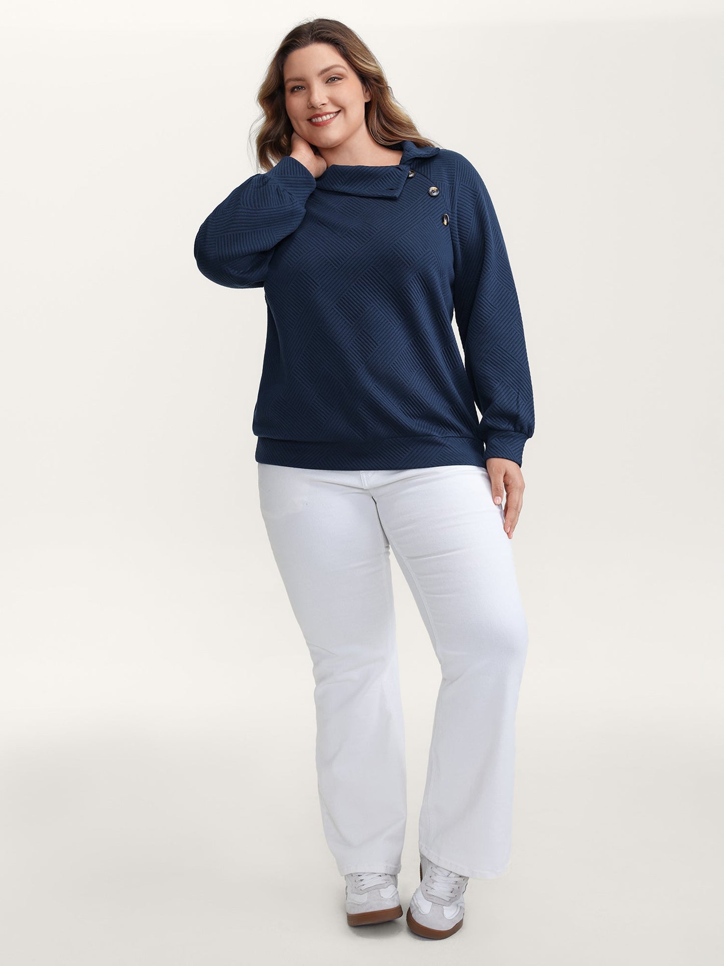 Textured Folded Collar Button Sweatshirt