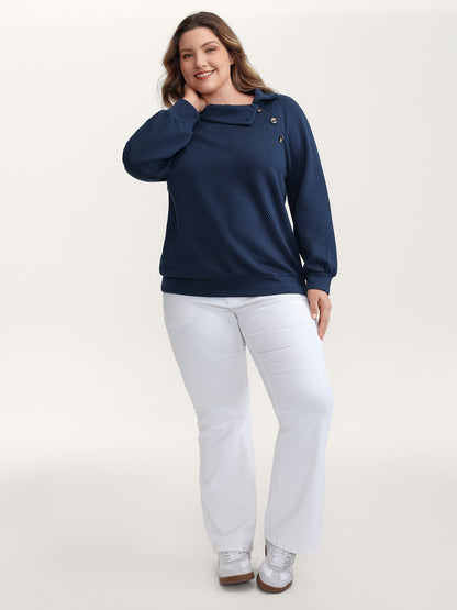 Textured Folded Collar Button Sweatshirt