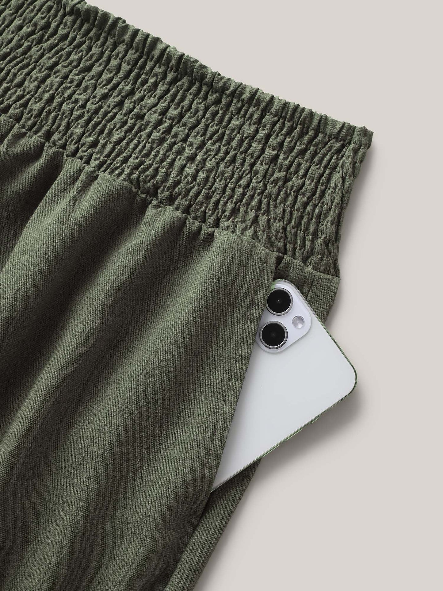 Shirred Waist Wide-Leg Solid Pants