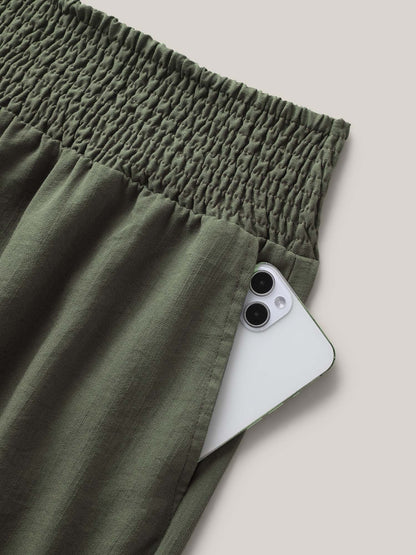 Shirred Waist Wide-Leg Solid Pants