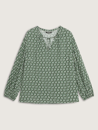 Geometric Print Neck-Tie Relaxed-Fit Blouse