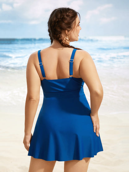 U Neck Solid Tiered Slit Hem Swim Dress