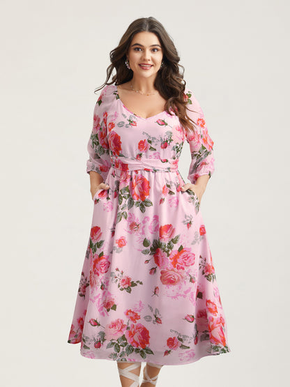 Rosy Print Pockets Pleated Midi Dress