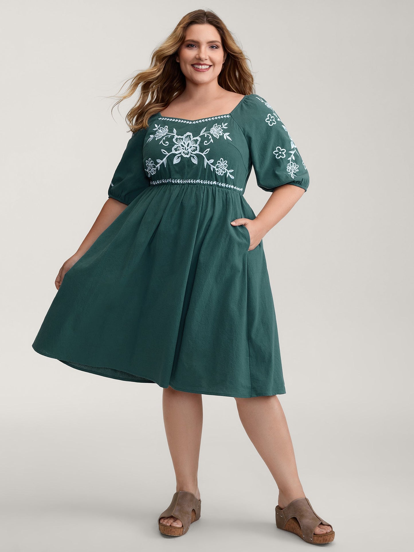 Pure Cotton Floral Embroidery Knee-Length Dress