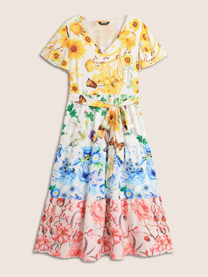 Floral & Butterfly Contrast Ruffle Layered Hem Dress