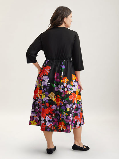 Brush Stroke Flowers Notched Collar Dress