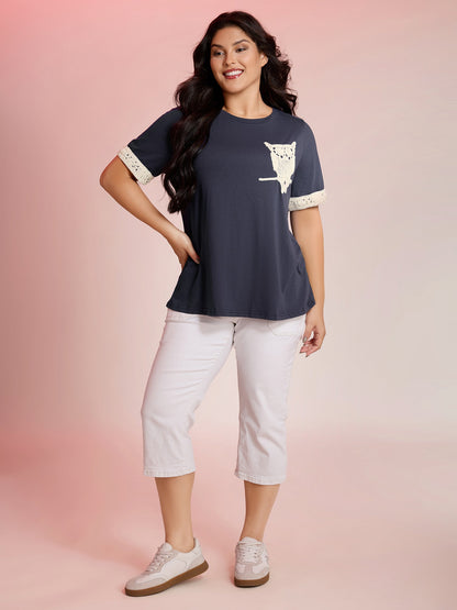 Owl Embroidery Round Neck Contrast T-Shirt