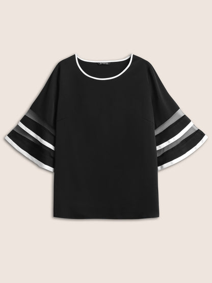 Contrast Patchwork Mesh Bell Sleeve Blouse
